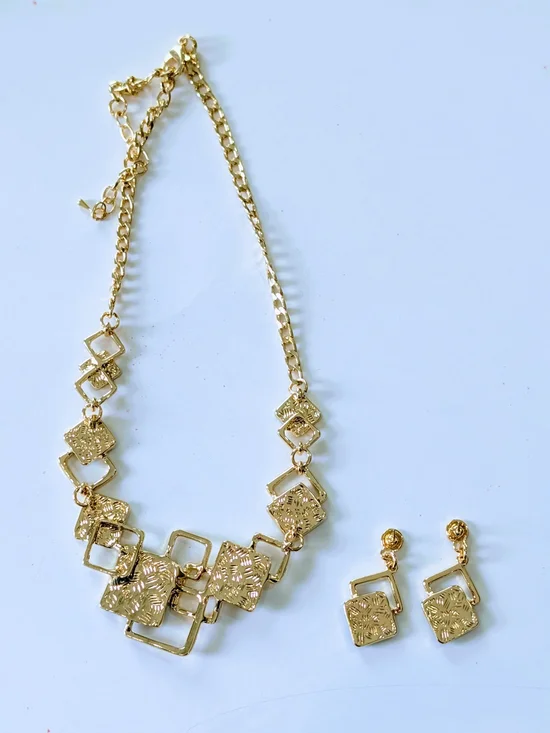 Multicolor Enamel Geometric Square Necklace and Earring Set - Gold-Tone - Picture 7 of 9